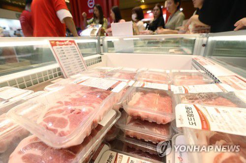 돼지고기 구매 줄(서울=연합뉴스) 강민지 기자 = 17일 오후 서울 강남구 코엑스에서 열린 '한돈페스타'에서 참관객들이 돼지고기 계산을 위해 줄을 서 있다. 행사는 도드람한돈, 허브한돈, 치악산금돈, 제주도니 등 15개 공식 한돈 브랜드사가 참여한다. 2023.7.17 mjkang@yna.co.kr