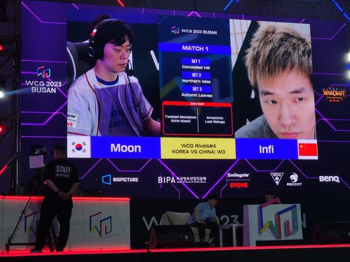 워크래프트3 경기 준비하는 장재호(왼쪽)와 왕수웬(오른쪽)[촬영 김주환]
