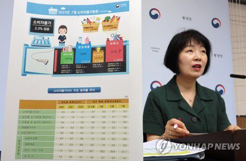 7월 소비자물가동향 발표하는 김보경 경제동향통계심의관(세종=연합뉴스) 김주형 기자 = 김보경 통계청 경제동향통계심의관이 2일 오전 세종시 정부세종청사에서 23년 7월 소비자물가동향을 발표하고 있다. 2023.8.2 kjhpress@yna.co.kr