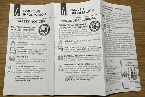 남부 캘리포니아 가스회사(SoCalGas)의 안전 안내문에 스페인어가 병기된 모습[촬영 임미나. 재판매 및 DB 금지]