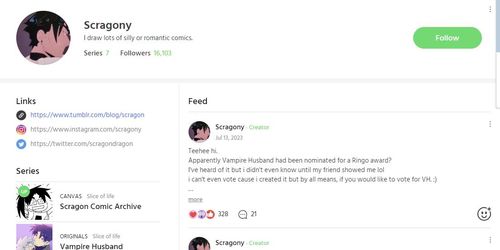 네이버웹툰 북미 서비스에서 운영 중인 작가 홈 레이아웃 [웹툰 엔터테인먼트 갈무리]