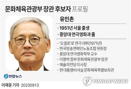 [그래픽] 문화체육관광부 장관 후보자 유인촌 프로필(서울=연합뉴스) 이재윤 기자 = 윤석열 대통령은 13일 문화체육관광부 장관 후보자로 유인촌 대통령실 문화체육특보를 지명했다. 유 후보자는 이명박 정부에서 문체부 장관을 역임했다.      yoon2@yna.co.kr     트위터 @yonhap_graphics  페이스북 tuney.kr/LeYN1