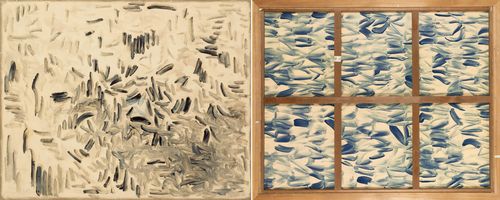 이우환 '바람과 함께'(1987) 작품의 앞면(왼쪽)과 뒷면 이미지[케이옥션 제공. 재판매 및 DB 금지]