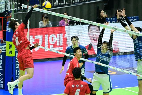 임성진의 공격(서울=연합뉴스) 한국전력 임성진이 21일 수원체육관에서 열린 프로배구 남자부 현대캐피탈과의 홈 경기에서 공격하고 있다. [한국배구연맹 제공. 재판매 및 DB 금지]