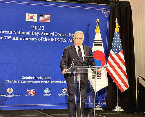 한국 국경절 행사에서 축사하는 캠벨 NSC 조정관[연합뉴스 자료사진]