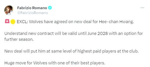 황희찬의 재계약 상황을 알린 로마노 기자 SNS[파브리치오 로마노 SNS 캡처. 재판매 및 DB 금지]