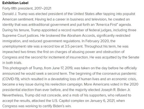 국립 초상화 갤러리 트럼프 전 대통령 사진에 대한 설명[홈페이지 캡처. 재판매 및 DB 금지]