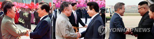 [평양정상회담] 평양 방문한 역대 대통령(평양=연합뉴스) 문재인 대통령이 역대 대통령중 3번째로 18일 오전 평양 순안공항에 도착, 김정은 국무위원장과 악수하고 있다.       사진 왼쪽부터 2000년 6월 평양 순안공항에서 악수하는 김대중 전 대통령과 김정일 전 국방위원장, 2007년 10월 악수하는 노무현 전 대통령과 김정일 전 국방위원장. 2018.9.18 [사진공동취재단.연합뉴스 자료사진] photo@yna.co.kr