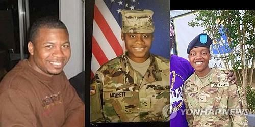 요르단 미군 기지에서 사망한 병사들  왼쪽부터 윌리엄 제롬 리버스(46) 하사, 브리오나 알렉산드리아 모펫(23) 하사, 케네디 라돈 샌더스(24) 하사. [AFP 연합뉴스(미 국방부 제공) 자료사진, 재배포 및 DB 금지]