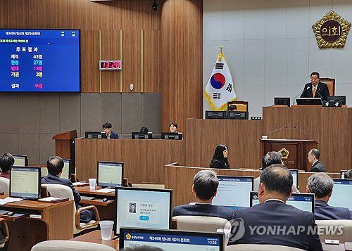 충남학생인권조례 기사회생(홍성=연합뉴스) 김소연 기자 = 충남도의회는 2일 열린 제349회 임시회 제2차 본회의에서  '충남학생인권조례 폐지 조례안 재의의 건'에 대해 표결하고 있다. 투표 결과 재석의원 43명에 찬성 27명, 반대 13명, 기권 3명으로, 출석의원 3분의 2 이상(29명)의 찬성을 얻지 못해 학생인권조례가 존치되게 됐다. 2024.2.2 soyun@yna.co.kr