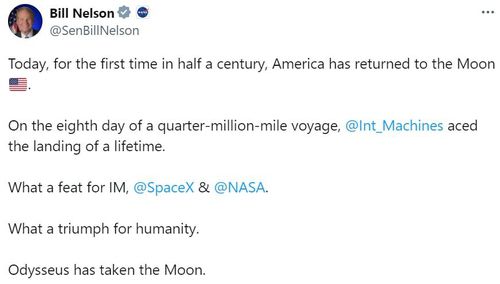 빌 넬슨 NASA 국장이 소셜미디어 X에 올린 글[빌 넬슨 국장의 X 계정 게시물 캡처. 재판매 및 DB 금지]
