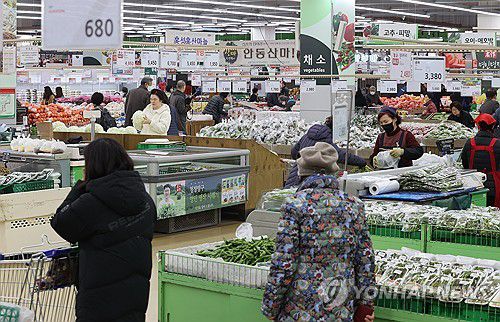 과일뿐 아니라 채소 가격도 기승(서울=연합뉴스) 이재희 기자 = 7일 통계청 국가통계포털(KOSIS) 자료에 따르면 지난 2월 채소류 물가지수는 지난해 같은 달과 비교해 12.2% 올랐다. 지난해 3월(13.8%) 이후 11개월 만에 가장 높은 수준이다. 품목별로 살펴보면 파(50.1%)와 토마토(56.3%)를 비롯해 배추 물가도 1년 전보다 21.0% 올랐다. 사진은 이날 서울 한 대형마트에서 장을 보는 시민의 모습. 2024.3.7 scape@yna.co.kr