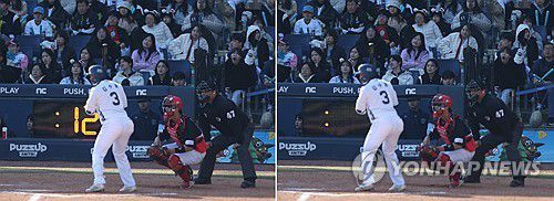 창원NC파크 피치 클록 작동(창원=연합뉴스) 김동민 기자 = 10일 오후 창원NC파크에서 열린 KBO 프로야구 KIA 타이거즈와 NC 다이노스 시범 경기. 8회 말 1사 주자가 없는 상황 NC 4번 김수윤이 타석에서 집중하는 동안 피치 클록이 작동하고 있다. 오른쪽 사진은 투수 투구는 시간이 사라진 모습.      피치 클록은 경기장에 투구 또는 타격 준비 과정에서 제한 시간을 두는 것이다. 2024.3.10 image@yna.co.kr