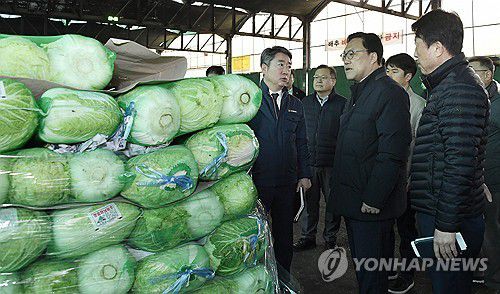 배추 경매장 시찰하는 김병환 차관(서울=연합뉴스) 김병환 기획재정부 차관이 14일 서울 송파구 가락농수산물종합도매시장을 방문, 배추 경매장을 시찰하고 있다. 2024.3.14 [기획재정부 제공. 재판매 및 DB 금지] photo@yna.co.kr