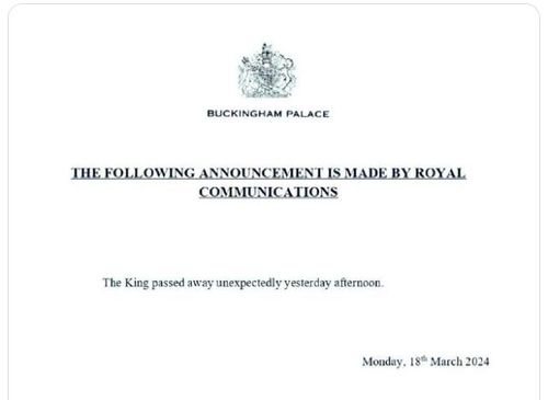 찰스 3세 서거 공식 발표문인 것처럼 꾸며진 가짜 문서 이미지. [가디언 모스크바 특파원 앤드류 로스 X 게시물 캡처]