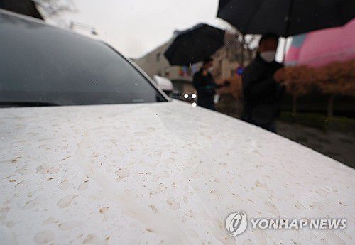 황사비 내린 서울(서울=연합뉴스) 류영석 기자 = 서울 지역이 황사 영향을 받는 29일 오전 비가 내리는 서울 시내의 한 차량 위에 황사 빗방울이 떨어져 있다. 2024.3.29 ondol@yna.co.kr