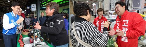 한림오일장 찾은 문대림·고기철 후보    (제주=연합뉴스) 박지호 기자 = 제22대 국회의원 선거 제주시갑 더불어민주당 문대림(왼쪽) 후보와 국민의힘 고기철 후보가 4일 오후 제주시 한림읍 한림오일시장을 찾아 유권자에게 지지를 호소하고 있다. 2024.4.4