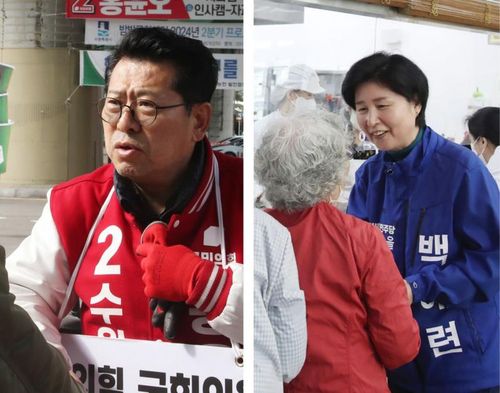 수원시을 국민의힘 홍윤오 후보(왼쪽)와 더불어민주당 백혜련 후보[촬영 최종호]