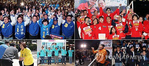 총선 D-1, 여야 후보들 마지막 총력전(서울=연합뉴스) 신준희 한종찬 최재구 임순석 홍기원 김인철 기자 = 제22대 국회의원선거를 하루 앞둔 9일 오후 여야 각 당 대표와 후보자들이 마지막 집중 유세를 펼치고 있다.     사진 왼쪽 위부터 용산역 앞 광장에서 선거유세하는 더불어민주당 이재명 대표와 후보들, 청계광장에서 총력 유세 펼치는 국민의힘 한동훈 비대위원장과 후보 등.     사진 아래 왼쪽부터 경기도 고양시 덕양노인복지관에서 어르신들과 인사하는 녹색정의당 심상정 대표, 부천시 홈플러스 상동점 광장에서 파이널 집중 유세하는 새로운미래 오영환 총괄선대위원장과 후보들, 화성시 롯데백화점 인근에서 파이널 집중 유세하는 개혁신당 이준석 대표, 서울 세종문화회관 앞에서 마지막 유세하는 조국혁신당 조국 대표 모습. 2024.4.9 photo@yna.co.kr