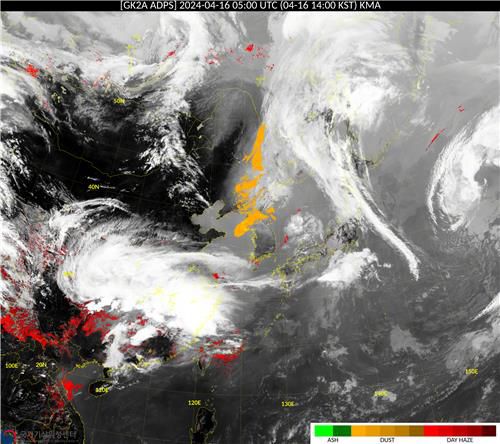 16일 오후 2시 기준 황사 위성 사진. [국가기상위성센터 제공. 재판매 및 DB 금지]