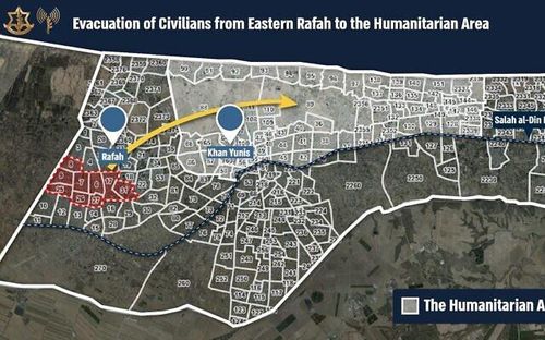 이스라엘군이 라파의 민간인 대피령과 함께 발행한 피란길 안내도 [이스라엘군 제공. 재판매 및 DB 금지]