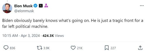 일론 머스크가 엑스에 올린 바이든 대통령 비판 글[머스크 엑스(X) 게시물 캡처. 재판매 및 DB 금지]
