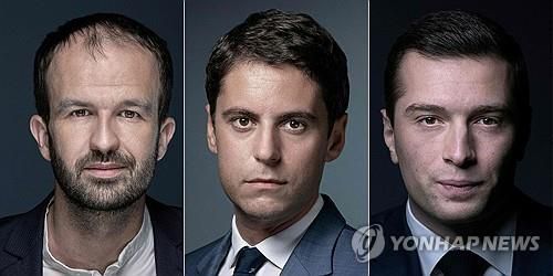 총선 경쟁 세 진영 대표 얼굴들. [AFP 연합뉴스 자료사진. 재판매 및 DB 금지] 좌파 진영 굴복하지않는프랑스(LFI)의 마누엘 봉파르 의원과 가브리엘 아탈 프랑스 총리, 조르당 바르델라 극우 국민연합(RN) 대표. 3명은 오는 25일 총선에 앞서 3자 토론에 나선다.