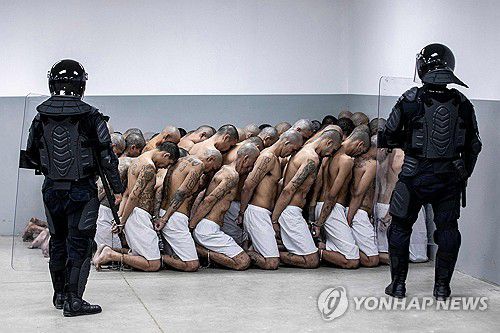 하의만 입은 채 모여 앉아 있는 엘살바도르 피구금자들[엘살바도르 대통령실 제공. AFP 연합뉴스 자료사진. 재판매 및 DB 금지]