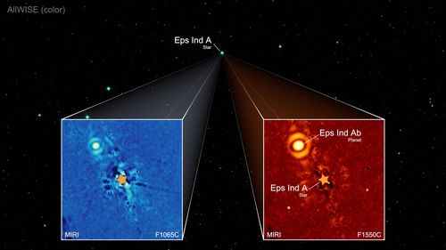 제임스웹 우주망원경(JWST)에 포착된 슈퍼목성 '엡실론 인디 Ab' 제임스웹 우주망원경(JWST) 중적외선 관측장치(MIRI)에 포착된 슈퍼목성 '엡실론 인디 Ab' 모습. 왼쪽은 중적외선 파장 10.65㎛, 오른쪽은 15.55㎛에서 얻은 이미지 버전. 별 기호 위치가 중심별인 엡실론 인디 A. [T. Müller(MPIA/HdA), E. Matthews(MPIA) 제공. 재판매 및 DB 금지]
