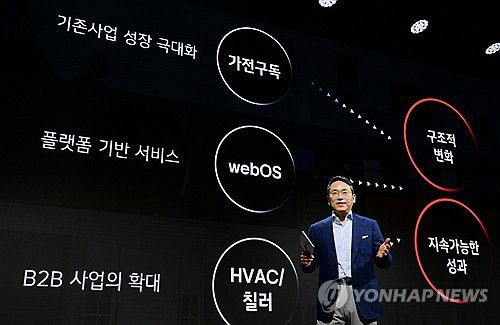 LG전자, '인베스터 포럼' 개최(서울=연합뉴스) 21일 서울시 강서구 마곡 LG사이언스파크에서 열린 LG전자 인베스터 포럼에서 조주완 LG전자 최고경영자(CEO)가 사업 포트폴리오 혁신 전략에 대해 발언하고 있다. 2024.8.21 [LG전자 제공. 재판매 및 DB 금지] photo@yna.co.kr