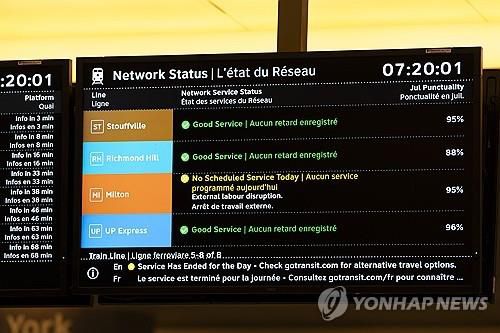 토론토 유니언역의 열차 운행 현황판[토론토 AP=연합뉴스]
