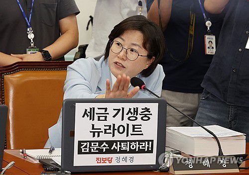 의사진행 발언하는 정혜경 의원(서울=연합뉴스) 김주형 기자 = 진보당 정혜경 의원이 26일 오전 국회에서 열린 김문수 고용노동부 장관 후보자 인사청문회에서 발언하고 있다. 2024.8.26 kjhpress@yna.co.kr