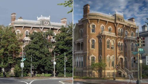 주미대한제국공사관 건물의 변화 왼쪽은 2012년 건물 매입 직후 모습, 오른쪽은 2014년 복원공사 전 건물 앞 수목 제거 후 모습 [국가유산청 제공. 재판매 및 DB 금지]
