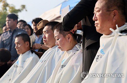 세종시의회 갈등이 삭발식으로(세종=연합뉴스) 김준범 기자 = 국민의힘 소속 세종시의원들이 8일 오후 세종시청 앞에서 삭발식을 하고 있다. 이들은 최민호 세종시장의 핵심 공약인 정원도시박람회와 빛 축제 개최를 위한 예산안 통과를 촉구하며 삭발식을 진행했다. 2024.10.8 psykims@yna.co.kr