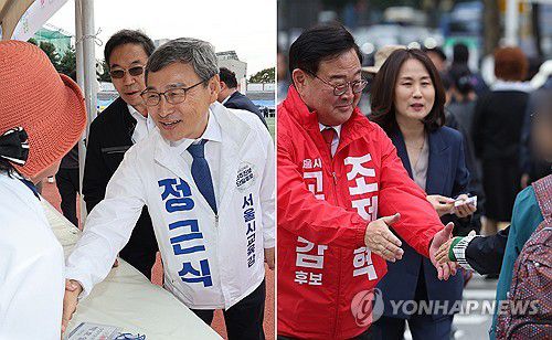 서울시교육감 보궐선거 D-3,(서울=연합뉴스) 박동주 임화영 기자 = 서울시교육감 보궐선거를 사흘 앞둔 13일 정근식 후보는 용산구 효창공원에서 열린 재경완도군향우회 정기총회 및 한마음축제를, 조전혁 후보는 광화문 광장을 찾아 유권자들과 인사하고 있다. 2024.10.13 pdj6635@yna.co.kr