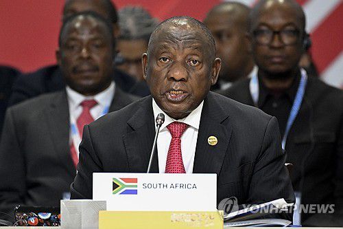 브릭스 정상회의서 연설하는 라마포사 남아공 대통령[Pool/AP=연합뉴스]