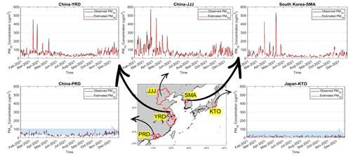 천리안위성 2B호의 관측자료를 인공지능(AI)으로 분석해 산출한 미세먼지 농도 수치자료. [국립환경과학원 제공. 재판매 및 DB 금지]