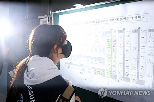 교실 확인 중인 가수 전유진(포항=연합뉴스) 손대성 기자 = 대학수학능력시험일인 14일 경북 포항시 남구 연일읍에 있는 영일고 시험장에서 포항 출신 트로트가수 전유진양이 시험을 치기 위해 교실을 확인하고 있다. 2024.11.14 sds123@yna.co.kr