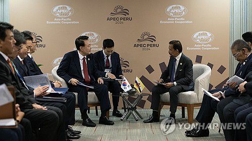 윤석열 대통령, 한·브루나이 정상회담(리마[페루]=연합뉴스) 홍해인 기자 = 31차 아시아태평양경제협력체(APEC) 정상회의에 참석한 윤석열 대통령이 15일(현지시간) 페루 리마 컨벤션센터에서 하사날 볼키아 브루나이 국왕과 정상회담을 하고 있다. 2024.11.16 [공동취재] hihong@yna.co.kr