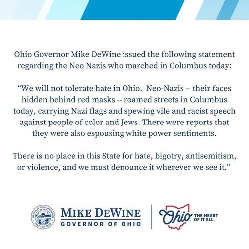 마이크 드와인 오하이오 주지사 입장문(서울=연합뉴스) 2024년 11월 16일 오후에 미국 오하이오주 주도 콜럼버스에서 있었던 네오나치 집회에 대해 마이크 드와인 오하이오 주지사가 당일 저녁에 X(옛 트위터)에 올린 입장문. [마이크 드와인 오하이오 주지사 X 캡처] 2024.11.19.