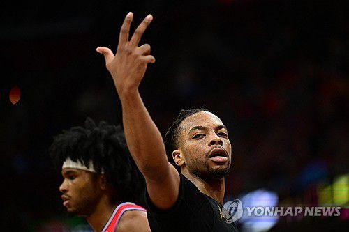 데리어스 갈런드의 3점 슛 세리머니[Ken Blaze-Imagn Images/로이터=연합뉴스]