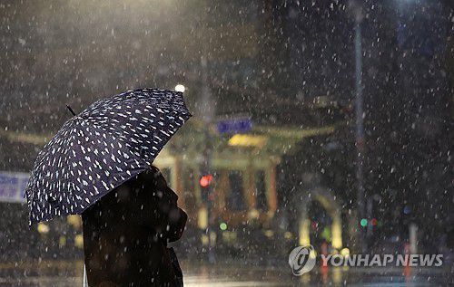 비에서 눈으로(서울=연합뉴스) 신현우 기자 = 서울과 인천에 이번 겨울 첫눈이 관측된 26일 밤 서울 세종대로 네거리에서 우산을 쓴 시민이 신호를 기다리고 있다. 2024.11.27 nowwego@yna.co.kr
