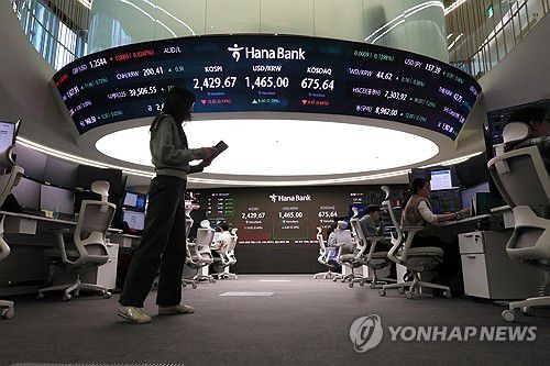 2,420대 하락 마감한 코스피(서울=연합뉴스) 이정훈 기자 = 26일 서울 중구 하나은행 본점 딜링룸 현황판에 코스피와 원/달러 환율 등 지수들이 표시되고 있다.      이날 코스피 지수는 전 거래일보다 10.85p(0.44%) 내린 2,429.67, 코스닥 지수는 전장 대비 4.47p(0.66%) 내린 675.64로 마쳤다. 원/달러 환율은 8.4원 오른 1,464.8원(주간거래 종가)에 거래를 마쳤다. 2024.12.26 uwg806@yna.co.kr