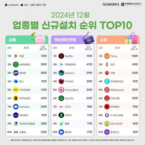 2024년 12월 업종별 신규설치 순위: 금융, 엔터테인먼트, 쇼핑[아이지에이웍스 제공. 재판매 및 DB 금지]