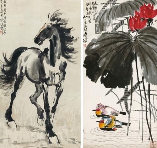 쉬베이훙(徐悲鴻), 〈전마(戰馬)〉, 1942, 종이에 먹, 색, 110.5×61.3cm, 중국미술관 소장(왼쪽),  치바이스(齊白石) 〈연꽃과 원앙(荷花鴛鴦)〉, 1955, 종이에 먹, 색, 137.7×67.8cm, 중국미술관 소장[국립현대미술관 제공. 재판매 및 DB 금지]