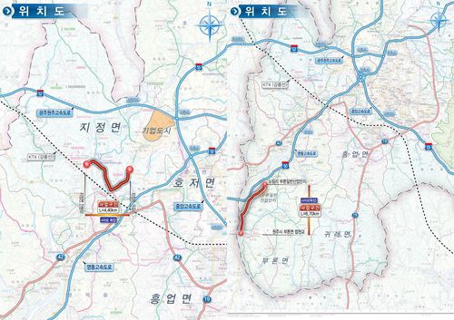 지정 간현∼가곡 4차로 확장(좌), 부론 법천∼노림 4차로 확장 노선 위치도[원주시 제공.재판매 및 DB 금지]