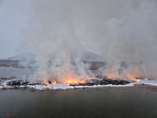 이배 작가의 '달집태우기' (청도=연합뉴스) 황희경 기자 = 정월대보름인 12일 경북 청도군 청도천의 섬에서 설치된 이배 작가의 '달집'이 타고 있는 모습. 2025.2.13. zitrone@yna.co.kr