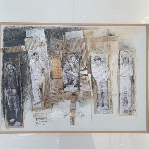 쎄시봉 멤버들의 사진을 활용한 조영남의 작품(서울=연합뉴스) 이태수 기자 = 지난 19일 서울 송파구 롯데월드타워에서 개막한 전시에서 소개된 조영남의 작품. 2025.2.22 tsl@yna.co.kr