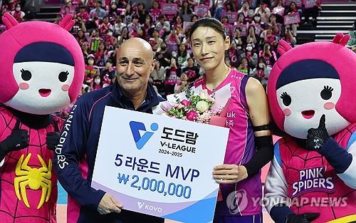 김연경, 라운드 MVP 14번째 역대 최다(인천=연합뉴스) 임순석 기자 = 프로배구 2024-2025 V리그 5라운드 여자부 최우수선수(MVP)로 선정된 흥국생명 김연경이 25일 인천 삼산월드체육관에서 열린 시상식에서 수상한 후 아본단자 감독과 기념 촬영하고 있다. 2025.2.25 soonseok02@yna.co.kr