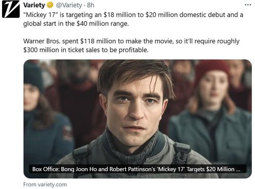 '미키 17' 북미 흥행 전망하는 버라이어티 기사 [버라이어티(Variety) X 게시물 캡처. 재판매 및 DB 금지]